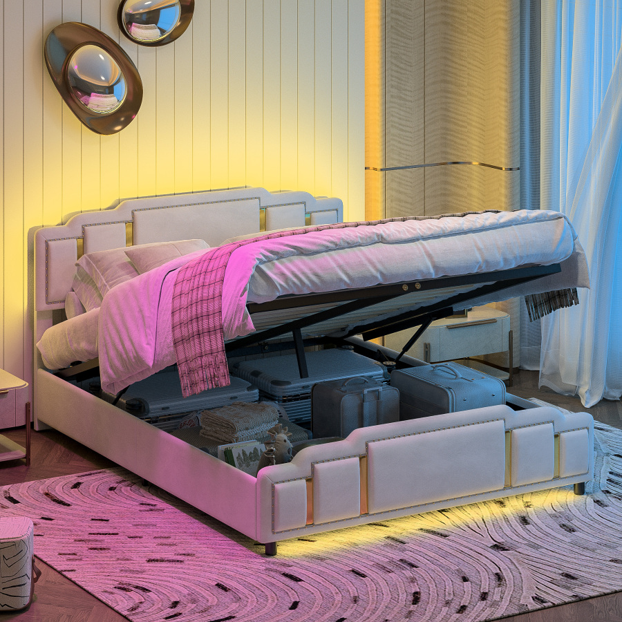 Cama tapizada 140x200 cm con canapé y LED terciopelo – color beige