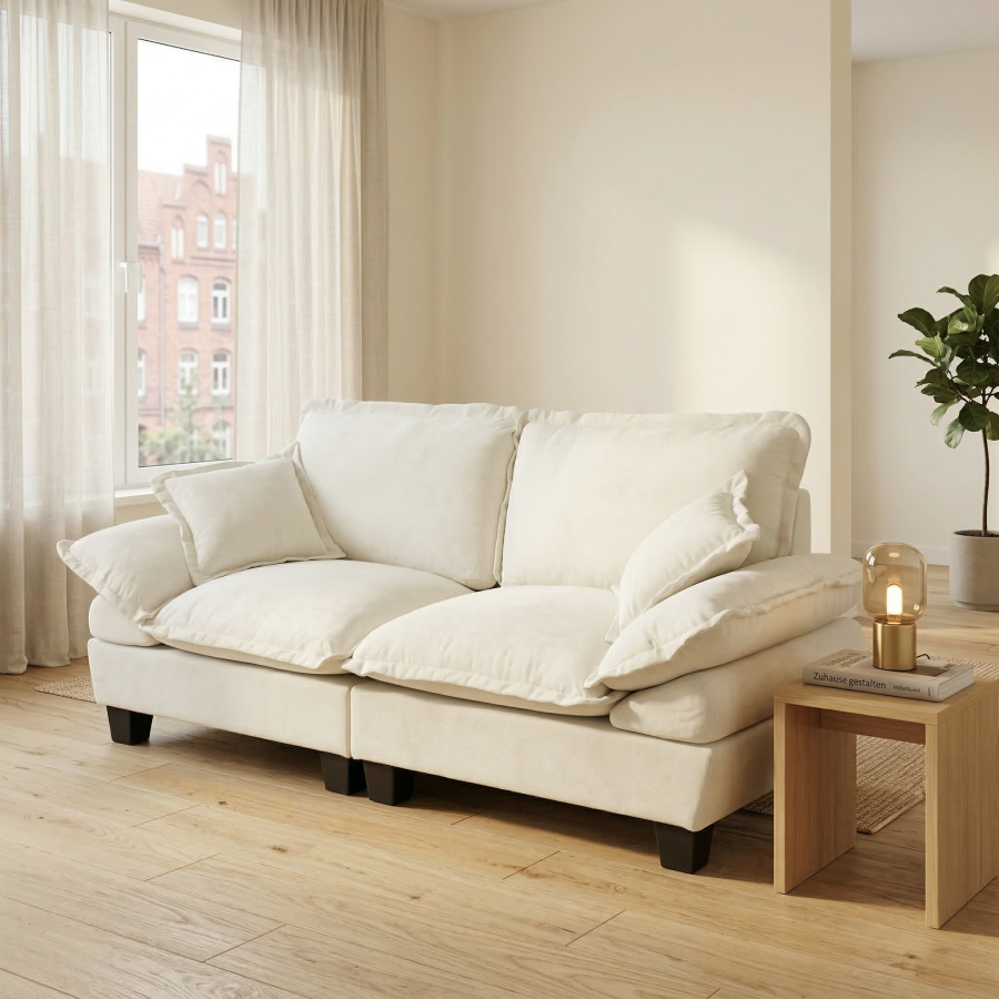 Sofá modular chenilla beige 2 plazas con brazos curvos para salón