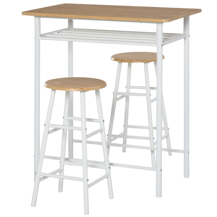 Conjunto de mesa alta industrial blanco con 2 taburetes y estante