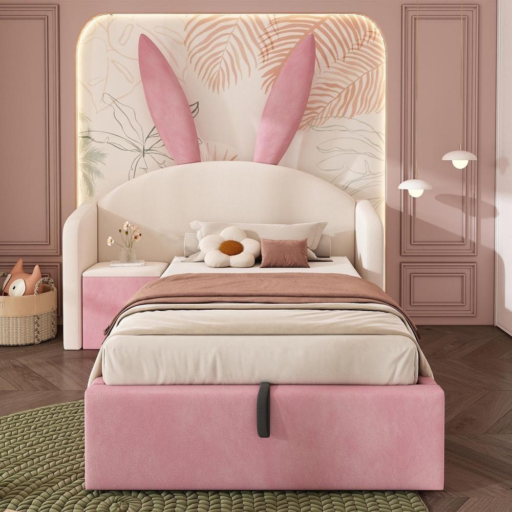 Cama infantil 90x200cm con arcón hidráulico y mesita, beige rosa