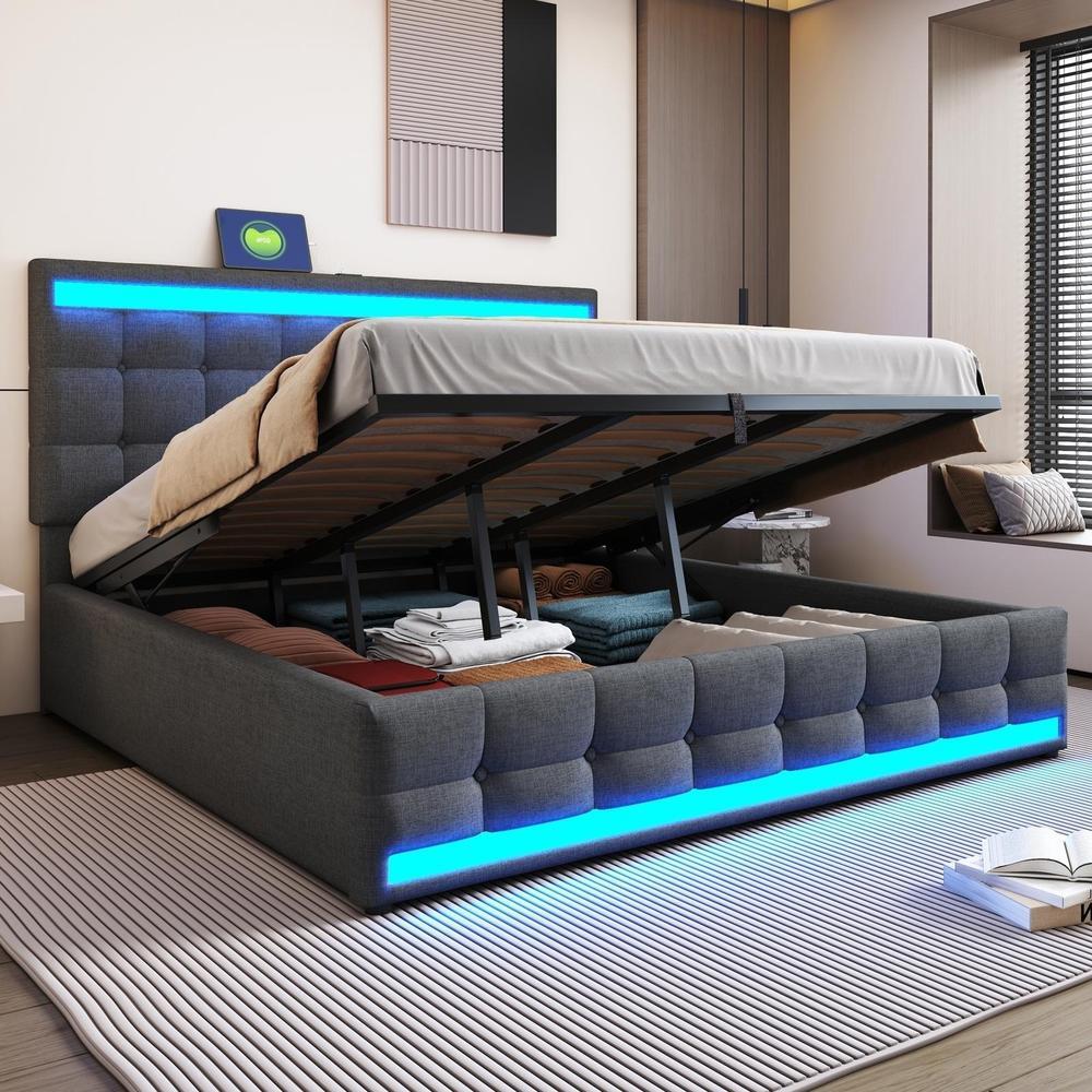Cama 180x200cm con LED rgb, usb, cabecero ajustable y lamas, gris