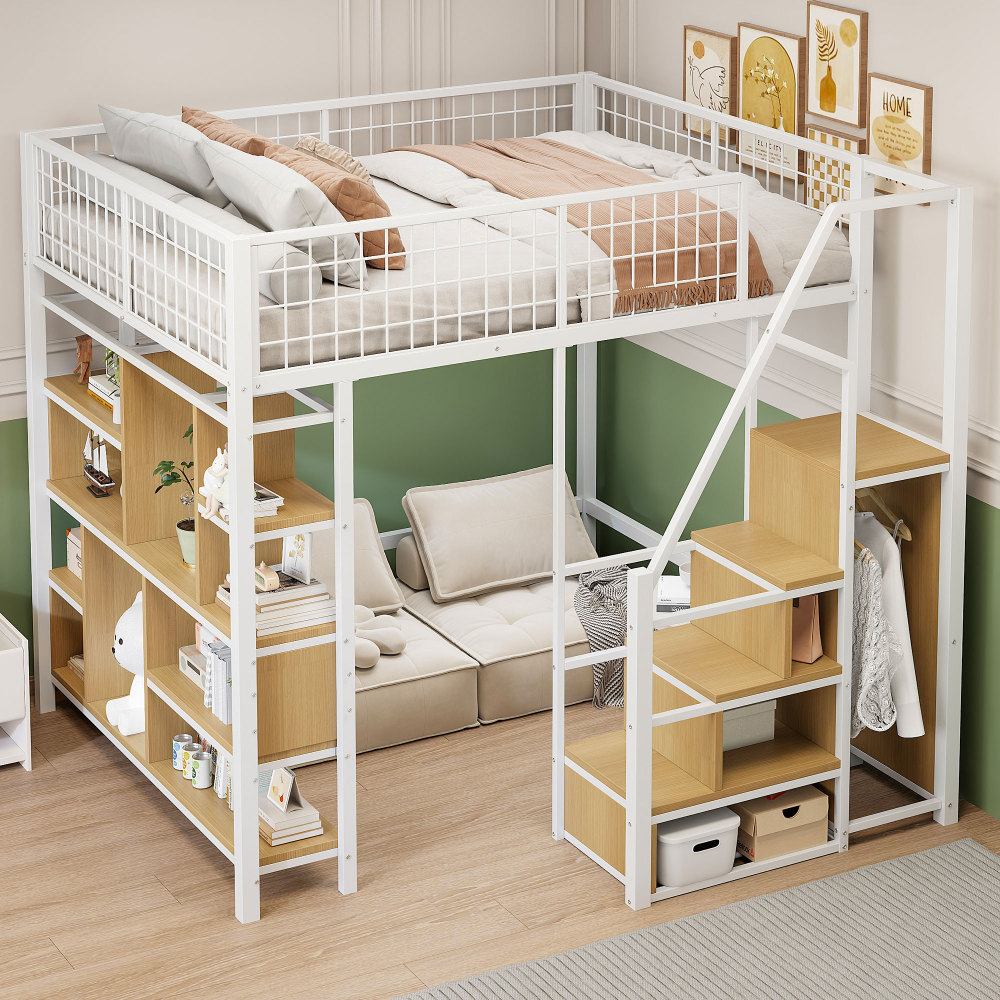 Cama alta 140x200cm con escalera de almacenaje y estantes metal – blanco