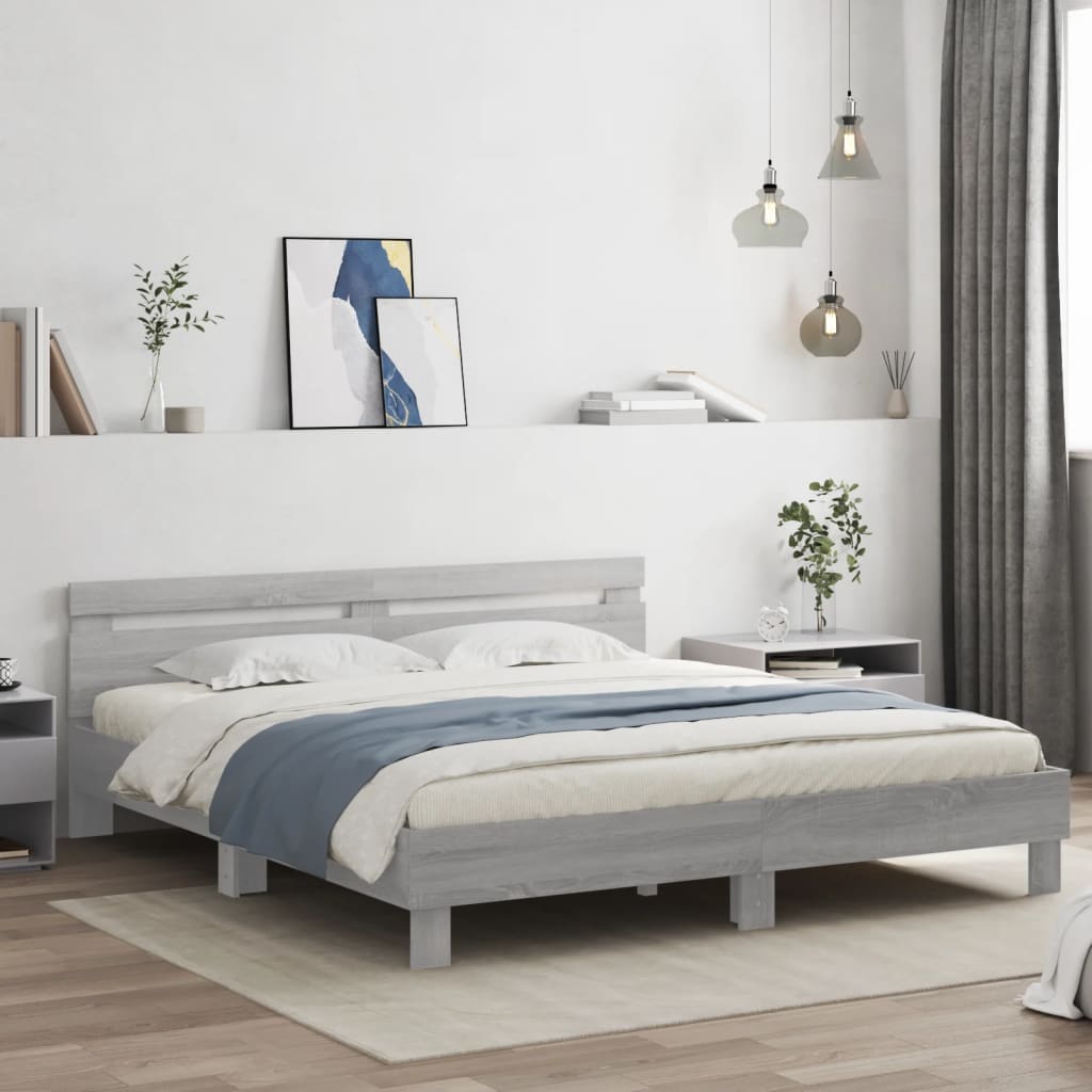Cama cabecero y luces LED gris sonoma 180x200 cm