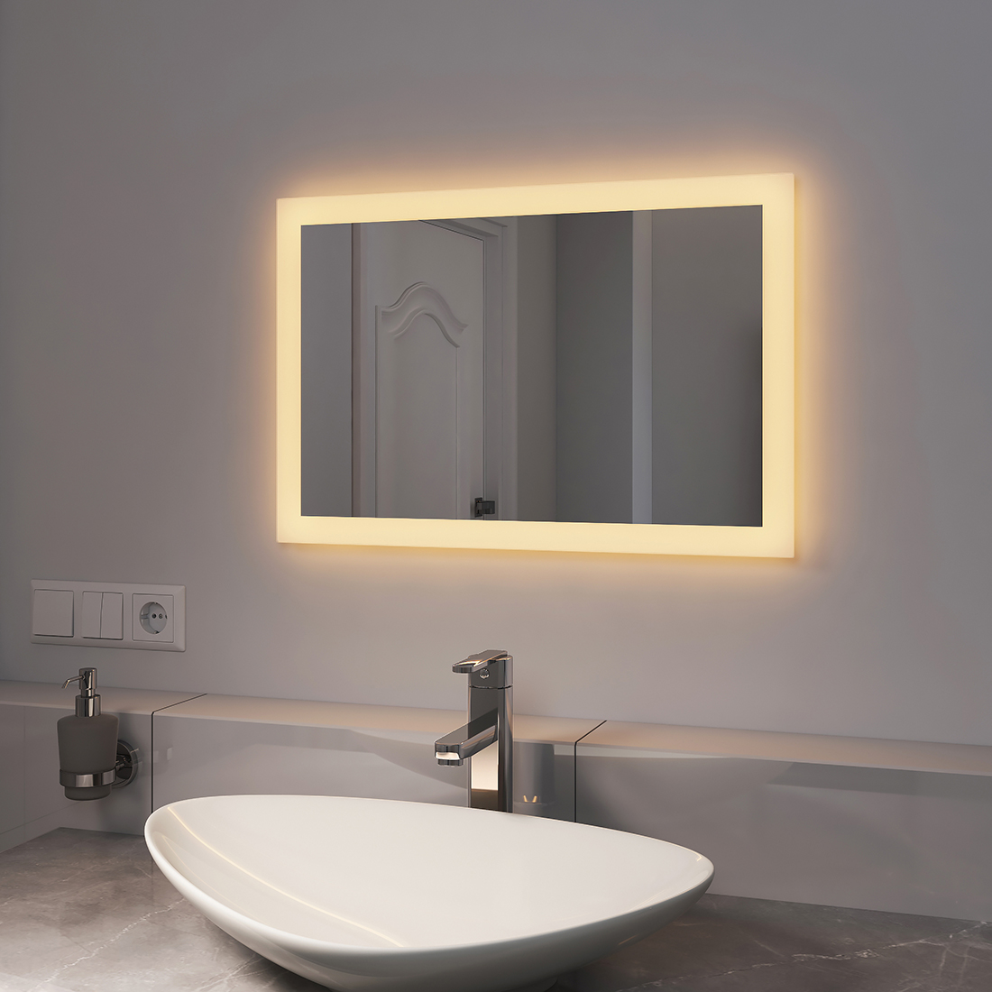 Emke espejo de baño con luz LED espejo de baño 60x40cm, luz cálida