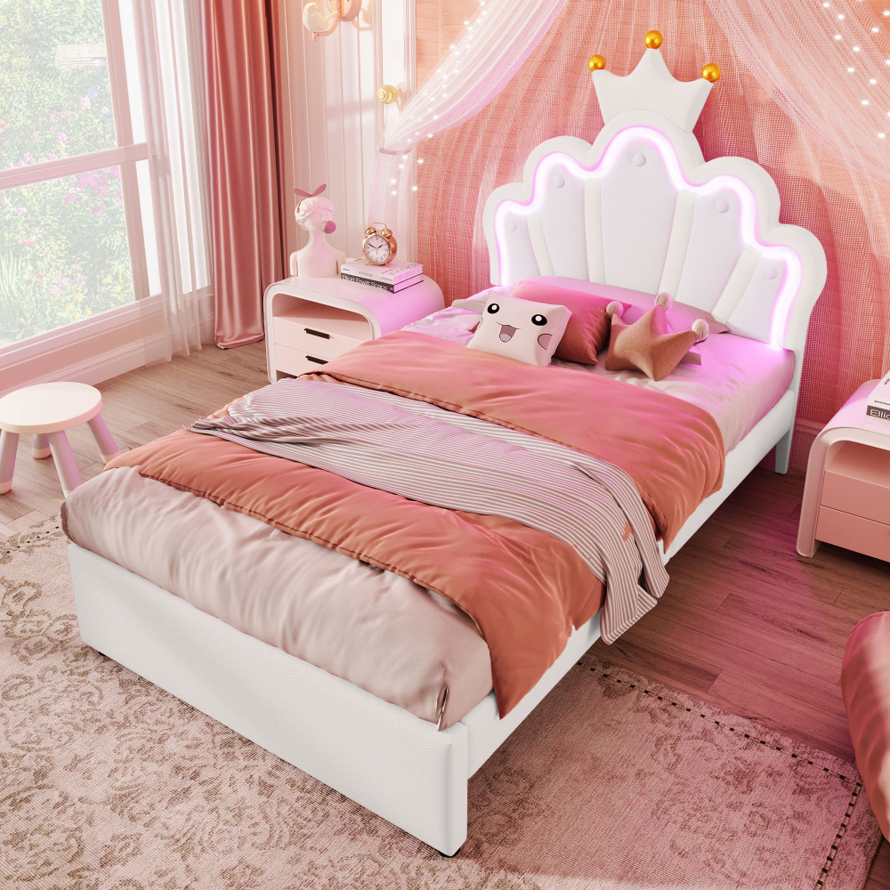 Cama individual tapizada 90x200cm con LED y 2 cajones pu – blanco