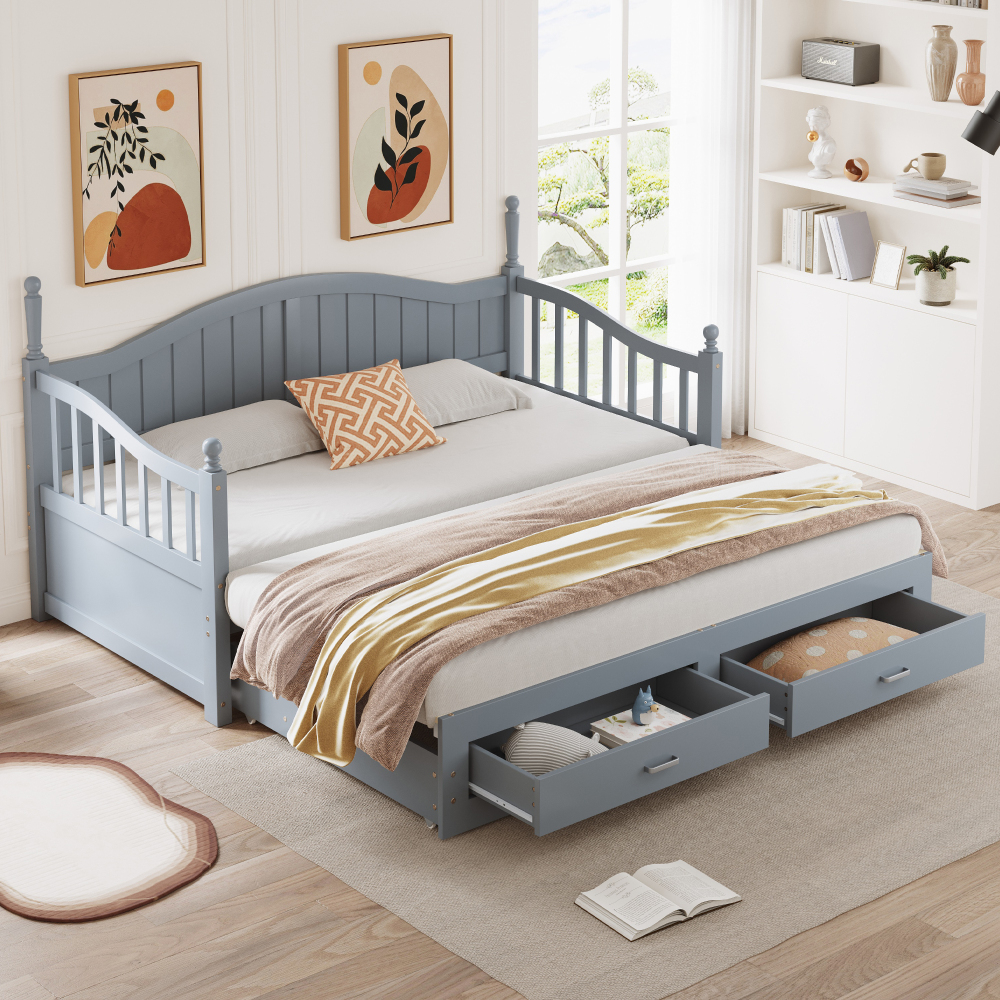 Cama nido 90/180x190cm con cajones, sofá cama madera maciza – gris