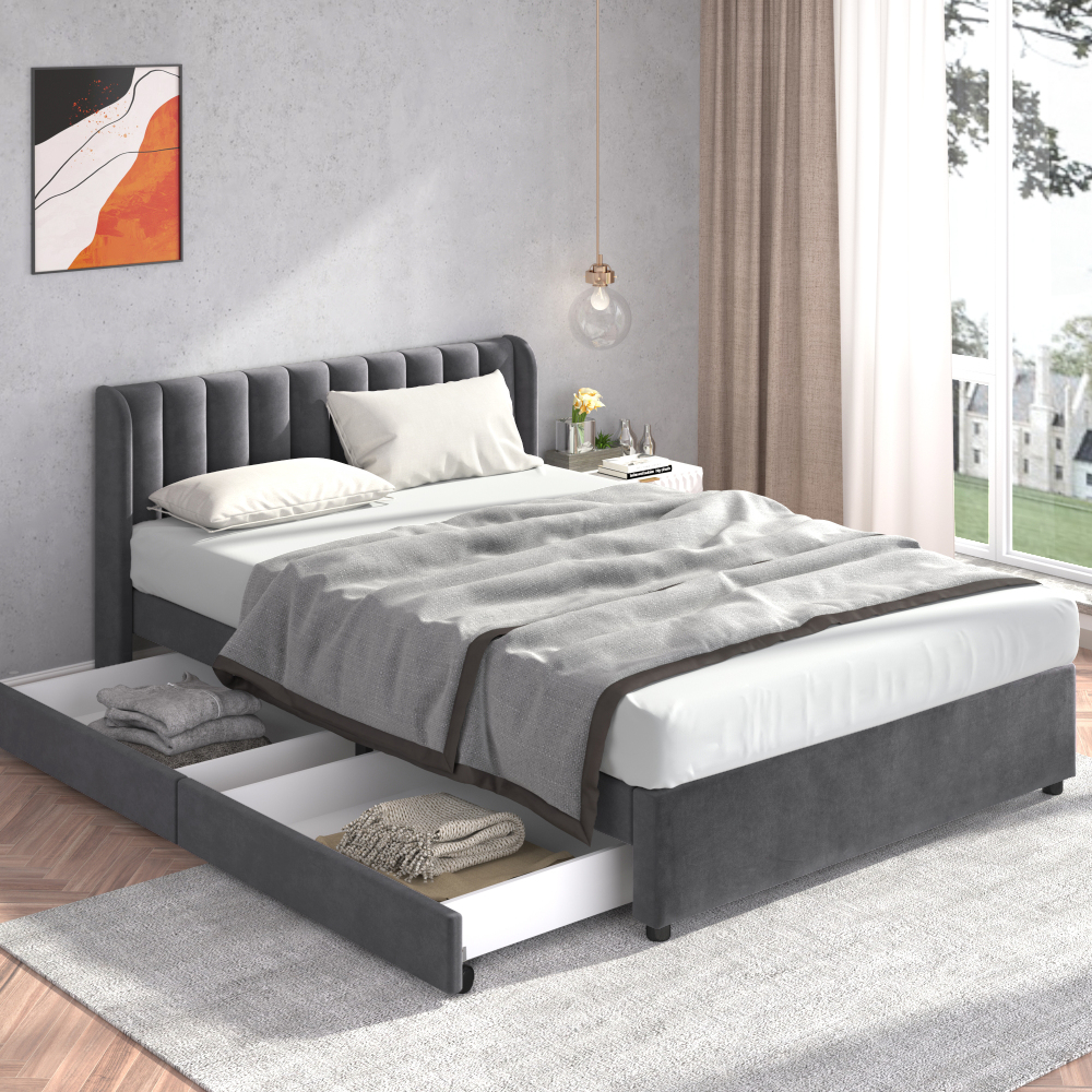 Cama tapizada 140x200cm con 2 cajones y somier de láminas terciopelo gris