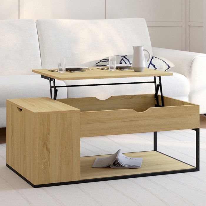 Mesa baja elevable rectangular - diseño industrial - marrón - 100x55x40 cm