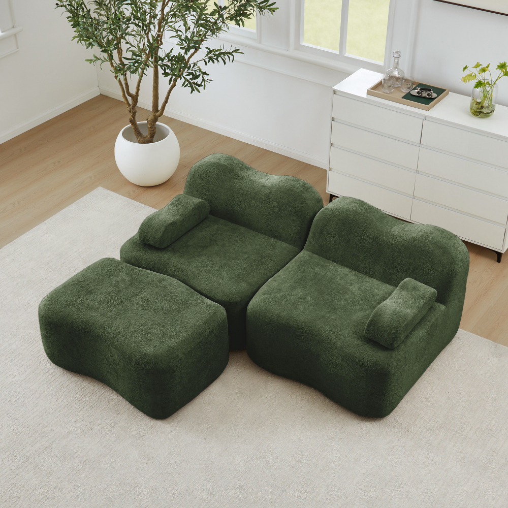 Sofá modular en l 2 plazas terciopelo verde con otomana sin montaje