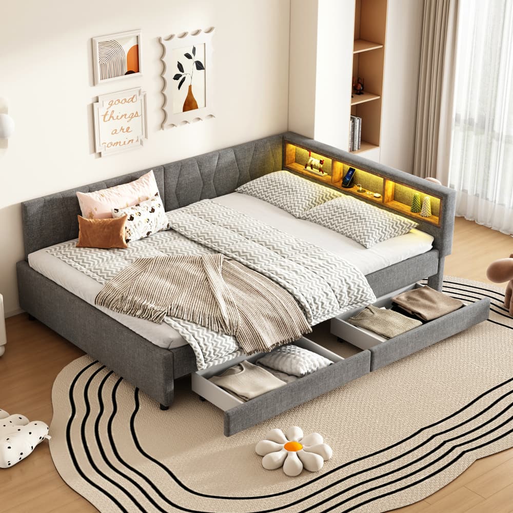 Sofá cama 140x200cm con LED, usb y cajones lino y mdf – gris