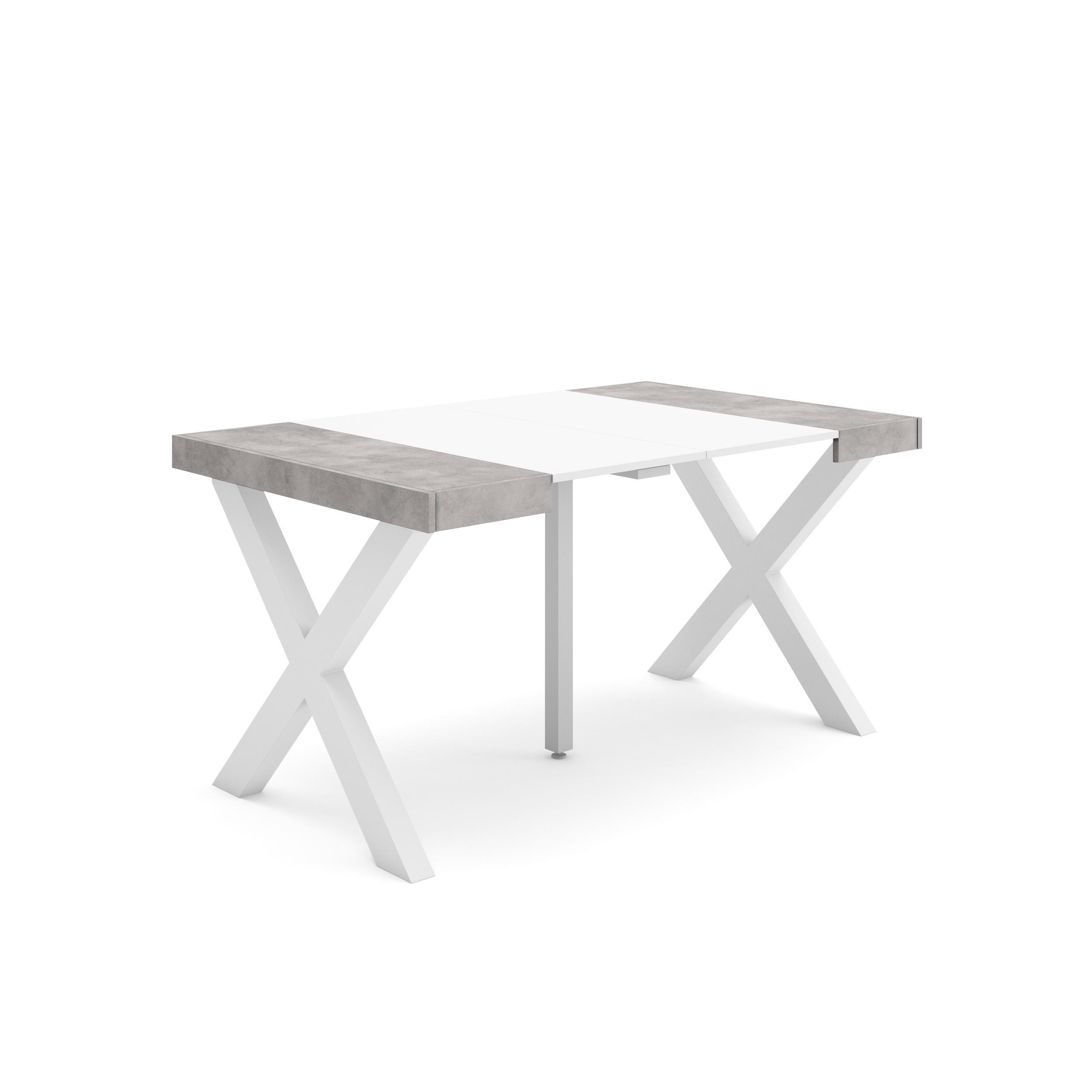 Mesa extensible, 140x90x73cm, blanco y cemento, patas madera maciza rf2722