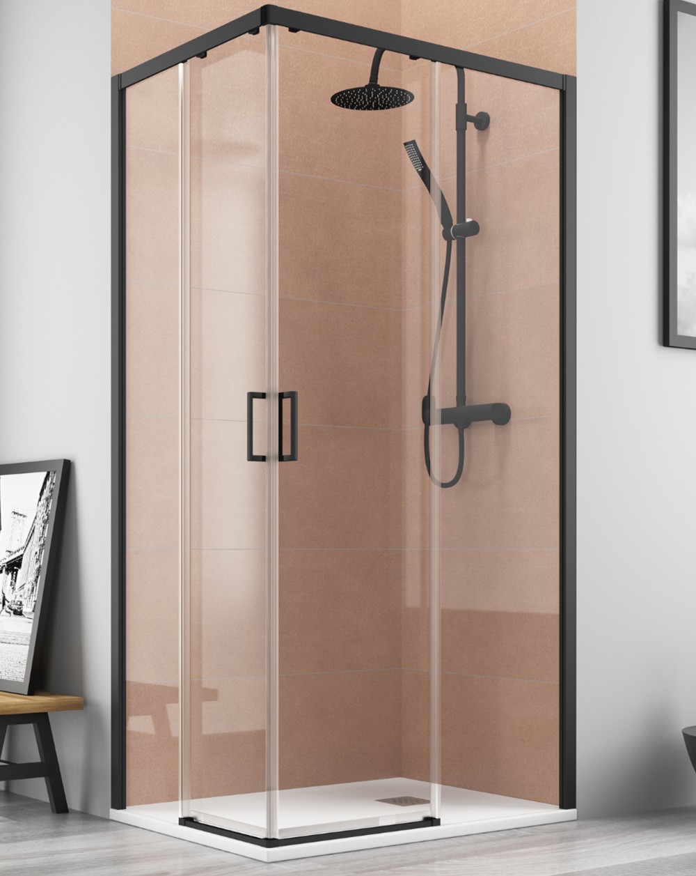 Mampara ducha rectangular angular| frente 170 lateral 90cm negro