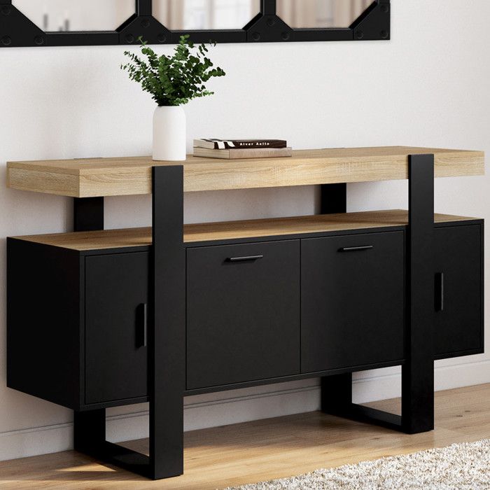 Aparador industrial negro y madera 4 puertas 140 cm