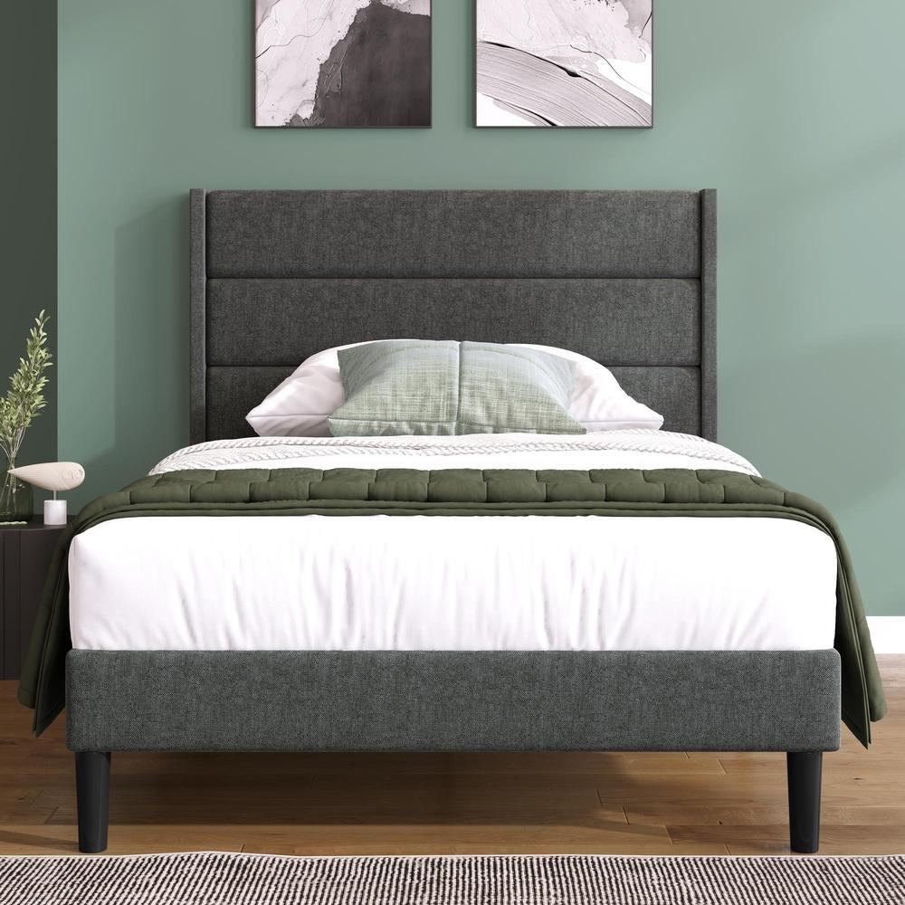 Cama tapizada 90x200 cm, con cabecero, tela lino, gris, diseño moderno