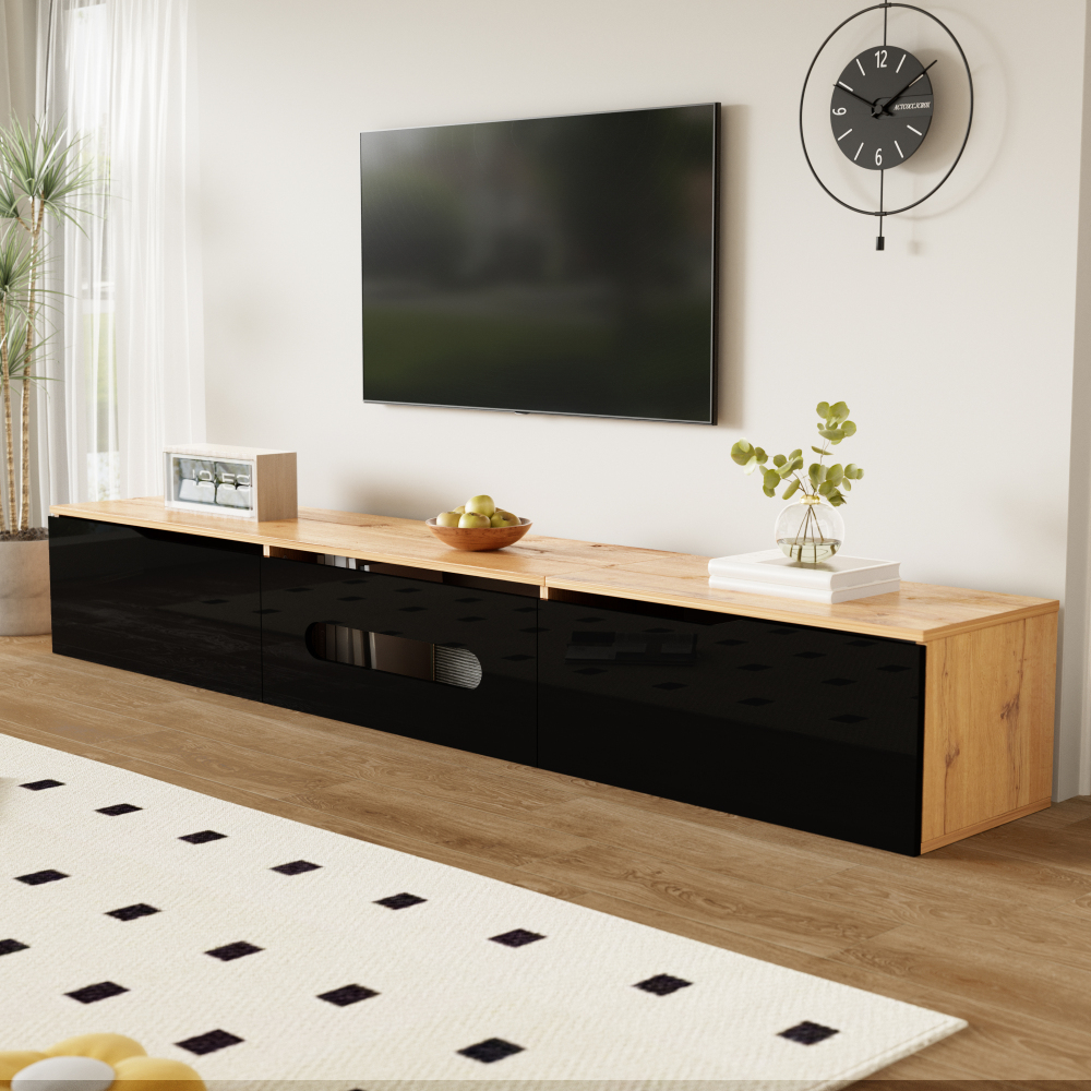 Mueble de tv con LED 3 puertas negro y madera 30x180x35cm