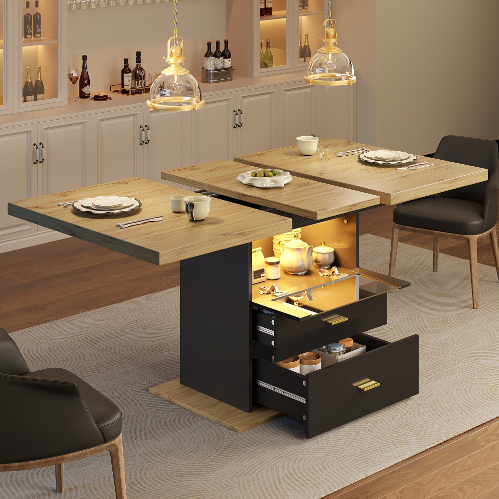 Mesa de comedor extensible con 2 cajones mdf negro y madera 75x110-140x80cm