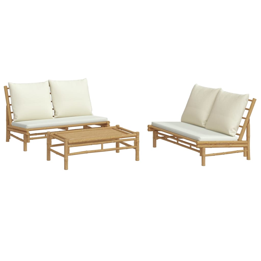 vidaXL set de muebles de jardín 3 piezas bambú y cojines blanco crema