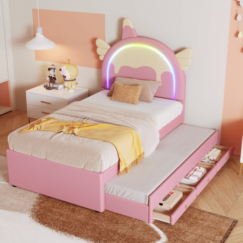 Cama infantil 90x200 cm con cama nido y cajones pu y mdf – color rosa