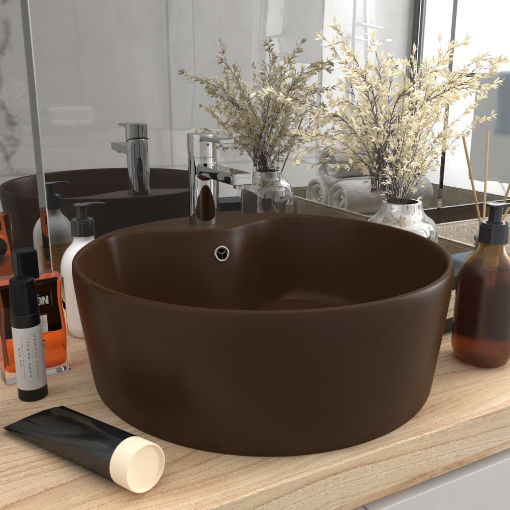 Lavabo lujoso y rebosadero cerámica marrón oscuro mate 36x13 cm es8742