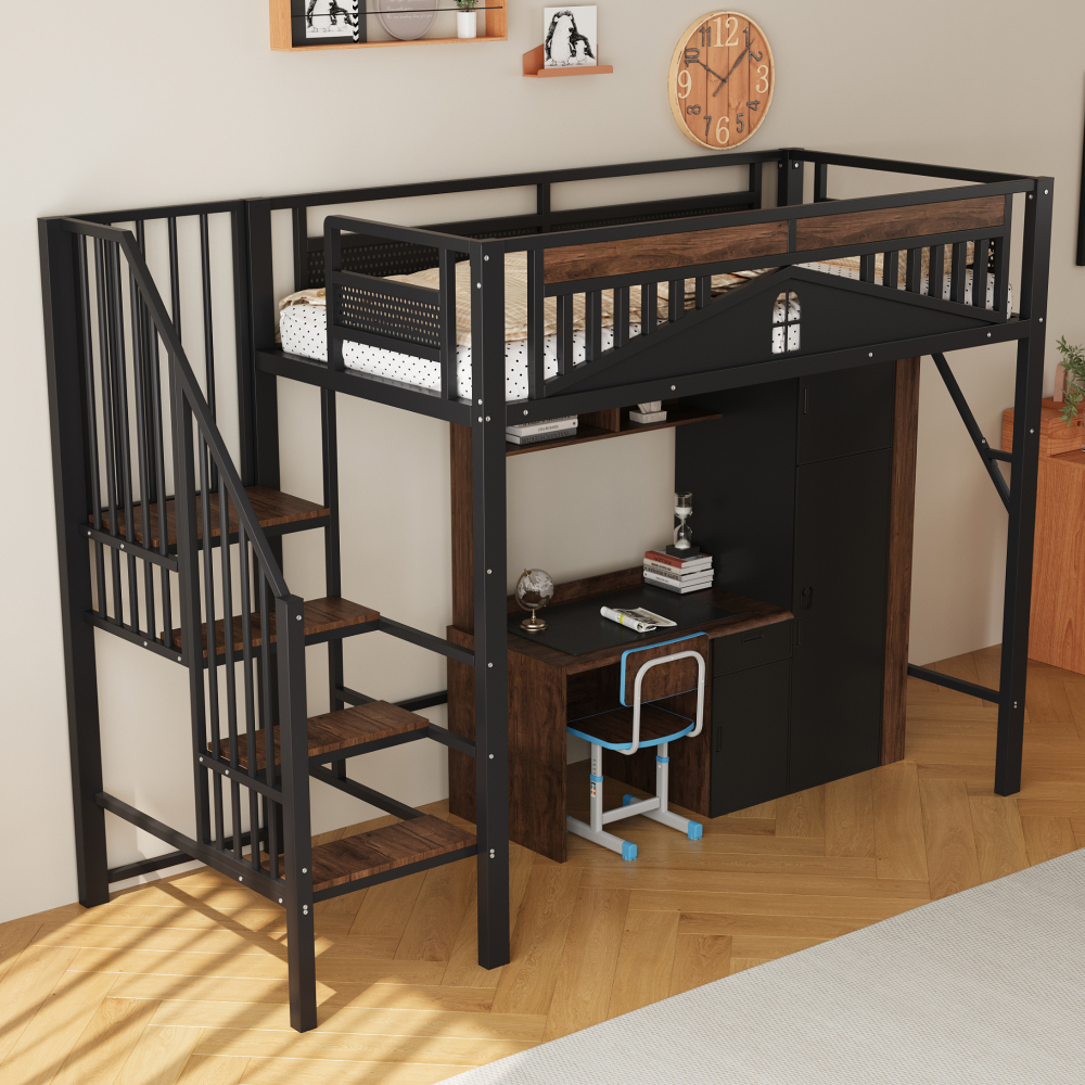 Cama alta metálica 90x200cm con barandilla, escalera y almacenaje – negro