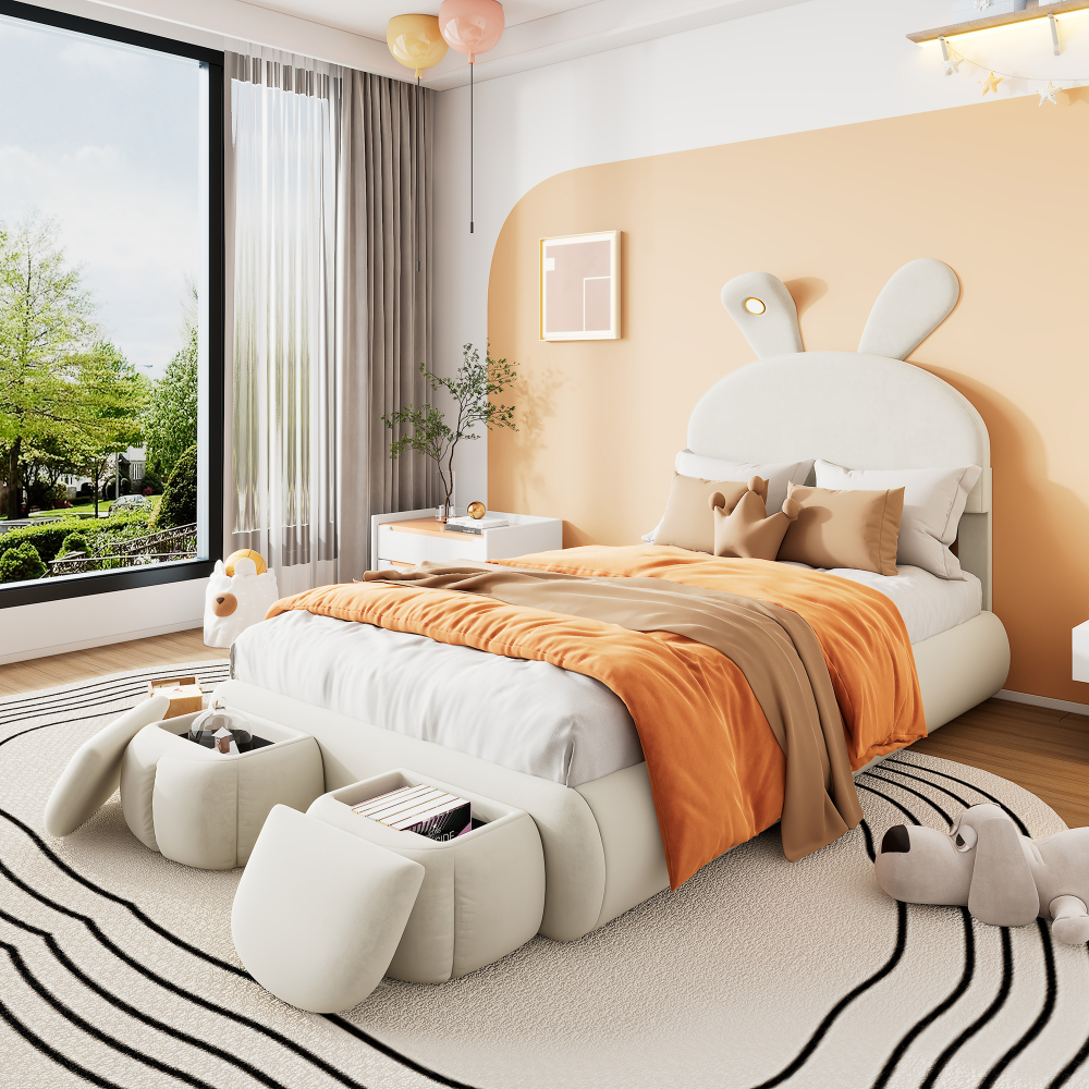 Cama individual 90x200cm con canapé, LED y baúles de cama terciopelo beige
