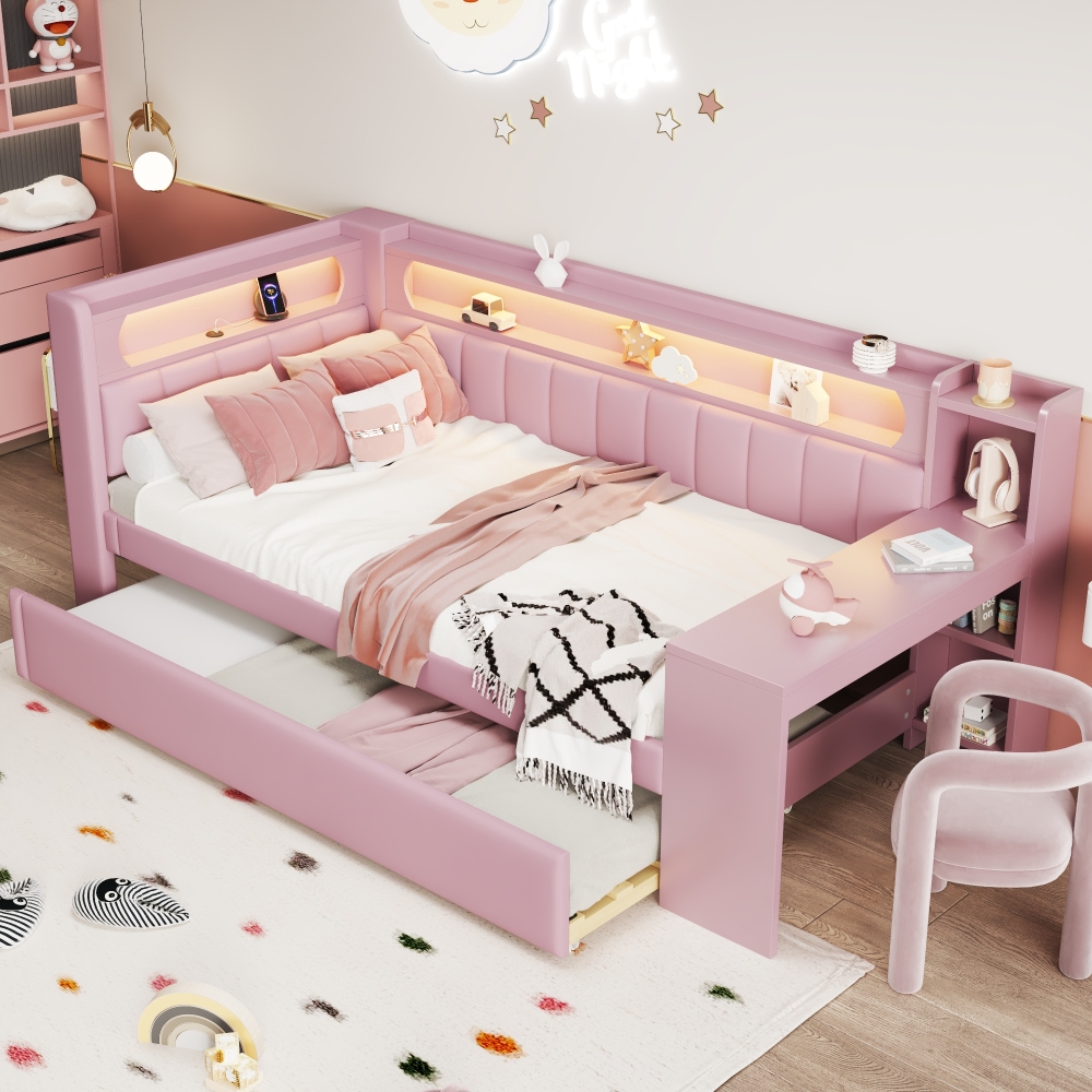 Cama nido 90x200cm, sofá cama individual con LED, usb y escritorio mdf rosa