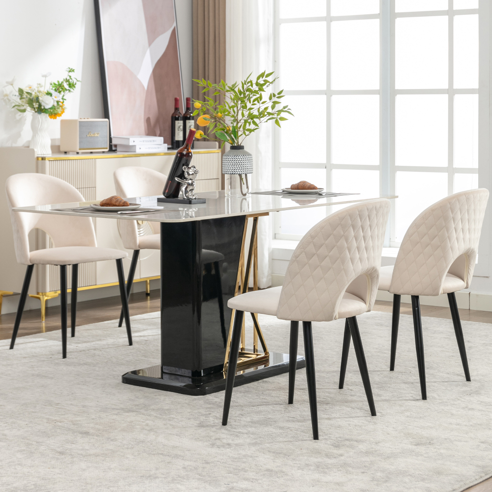 Silla de comedor de terciopelo beige con respaldo y patas ajustables