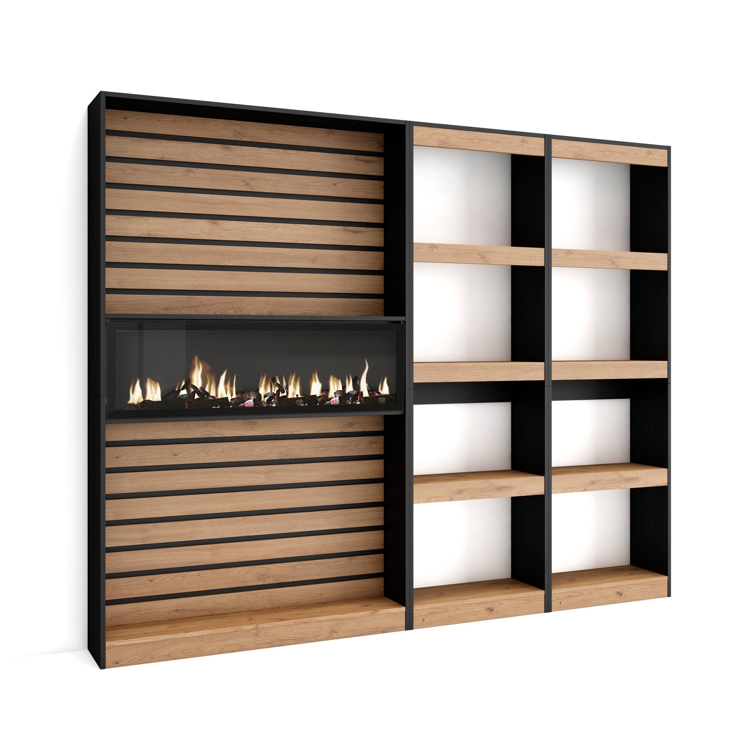 Librería, 230x35x186cm, roble y negro, chimenea eléctrica xxl rf2422