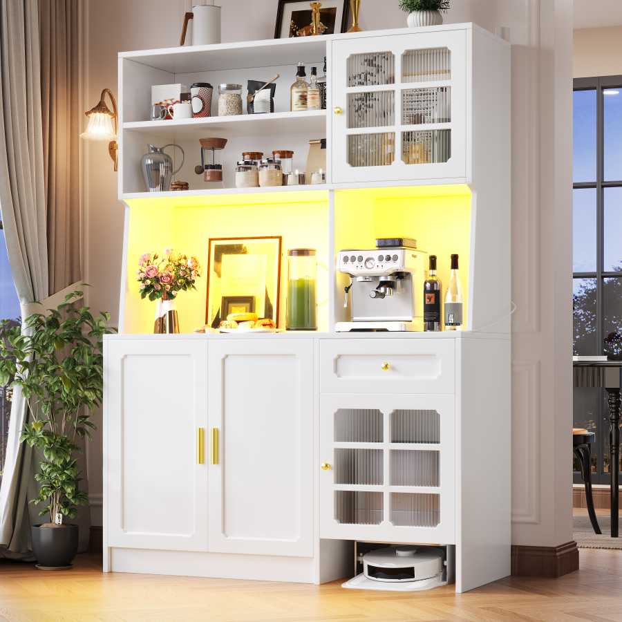 Aparador de cocina con vitrina luz LED y cajones blanco 180x130x45cm