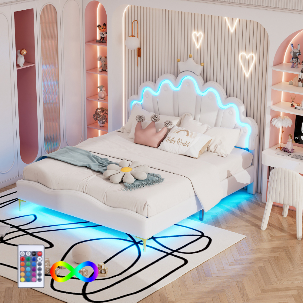 Cama tapizada 140x200 cm con LED regulable pu – color blanco sin colchón