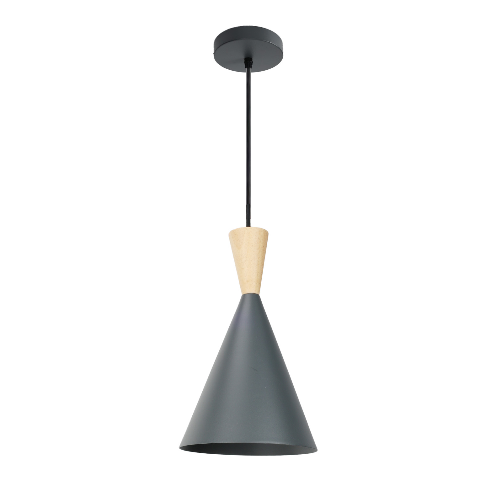 Lámpara colgante de techo nórdica de metal gris con detalles en madera E27