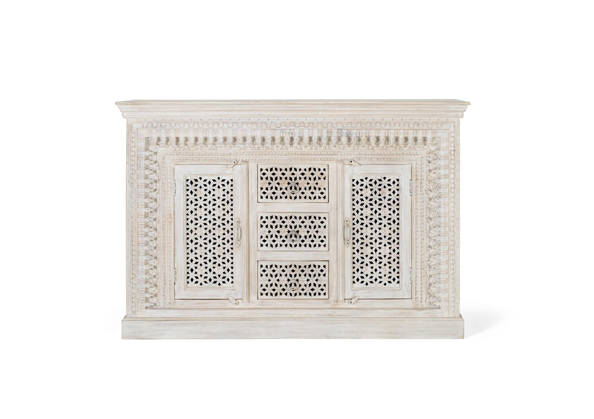 Aparador bhopal de madera de mango en color blanco envejecido 150 cm