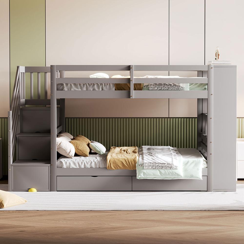 Litera 90x200cm con escalera de almacenaje, cajones, pino gris