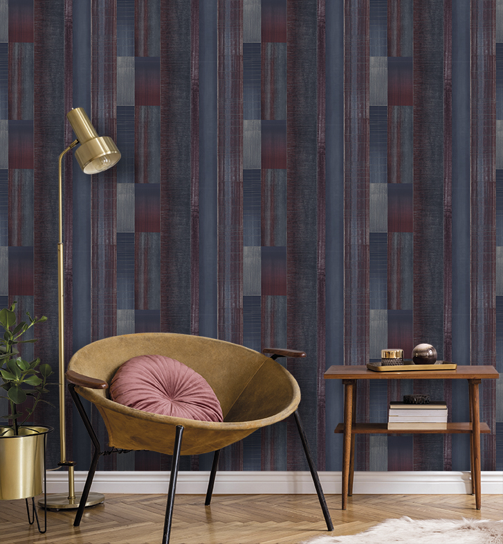 Papel pintado texturizado tnt tablas madera envejecida azul y vino