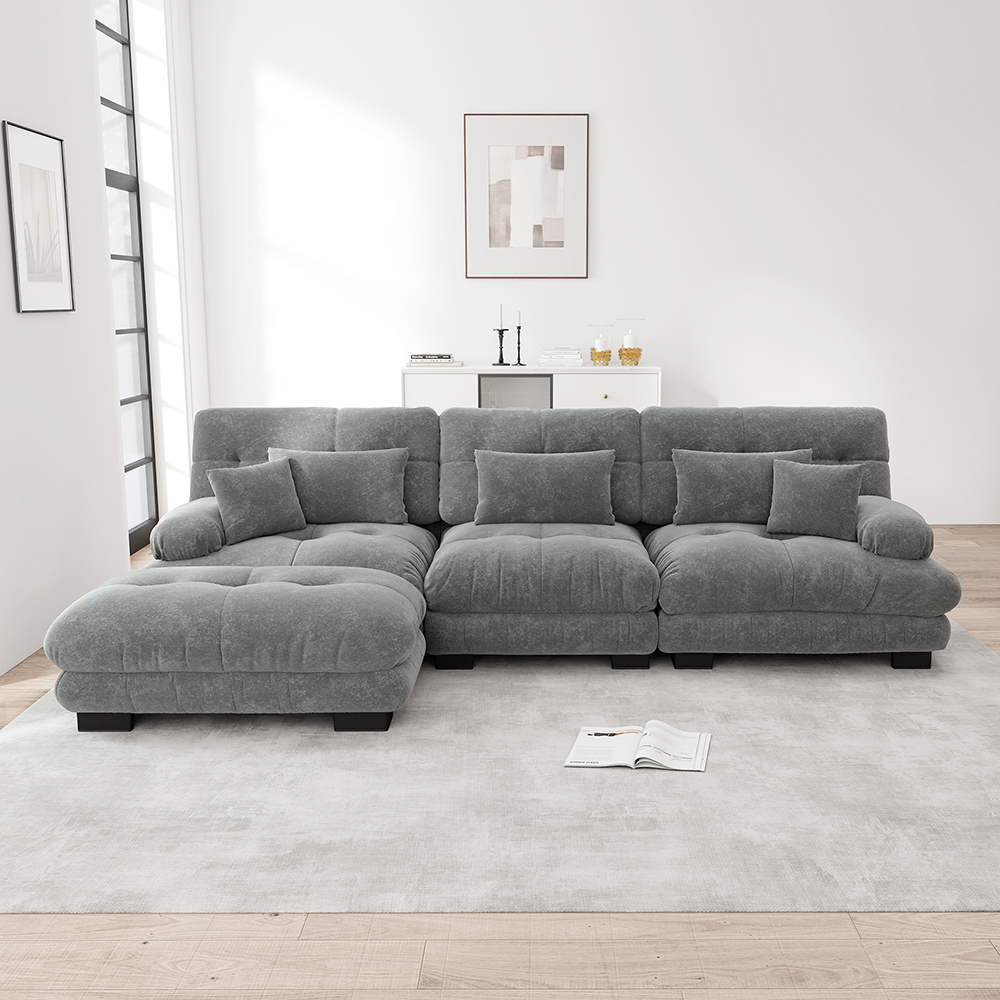 Sofá,forma de l, reposapiés, terciopelo, gris