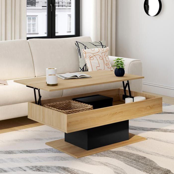 Mesa baja elevable eden bi-material marrón/negro - 110x60x40/53 cm