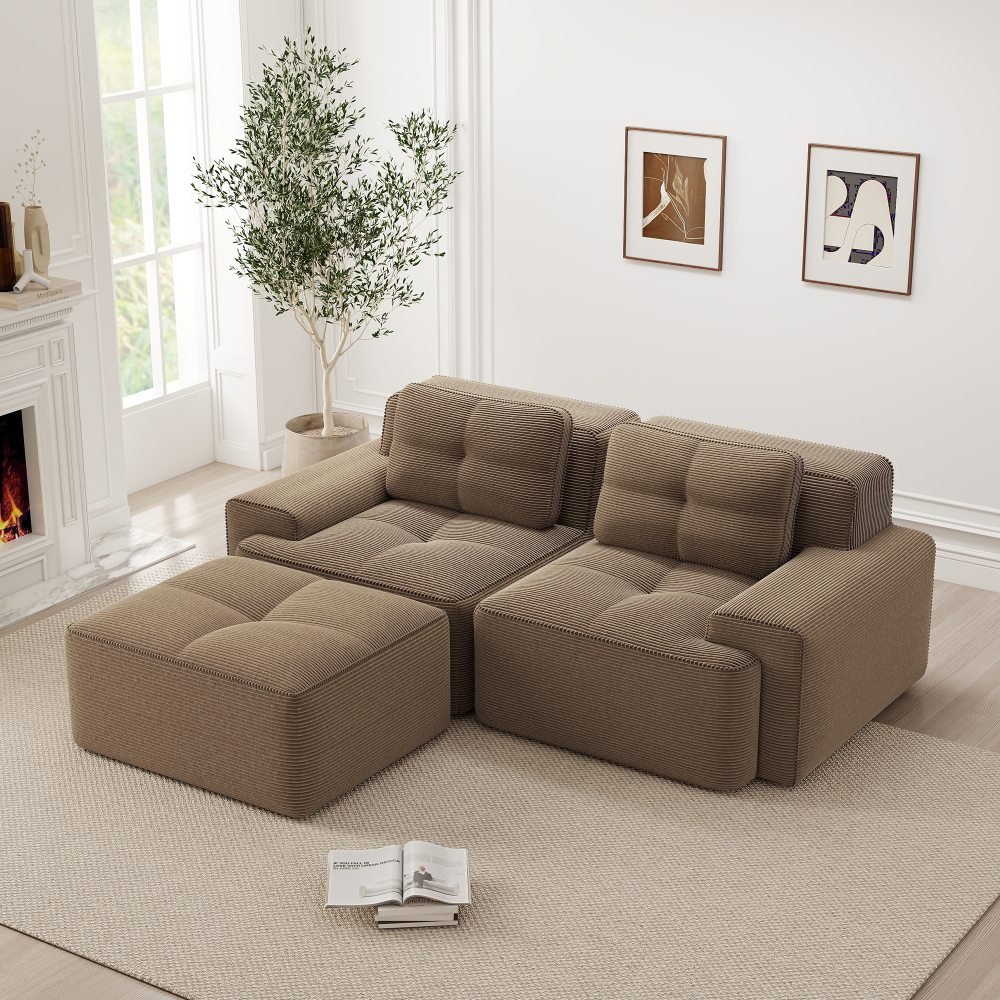 Sofá modular en l pana marrón otomana asiento profundo sin montaje