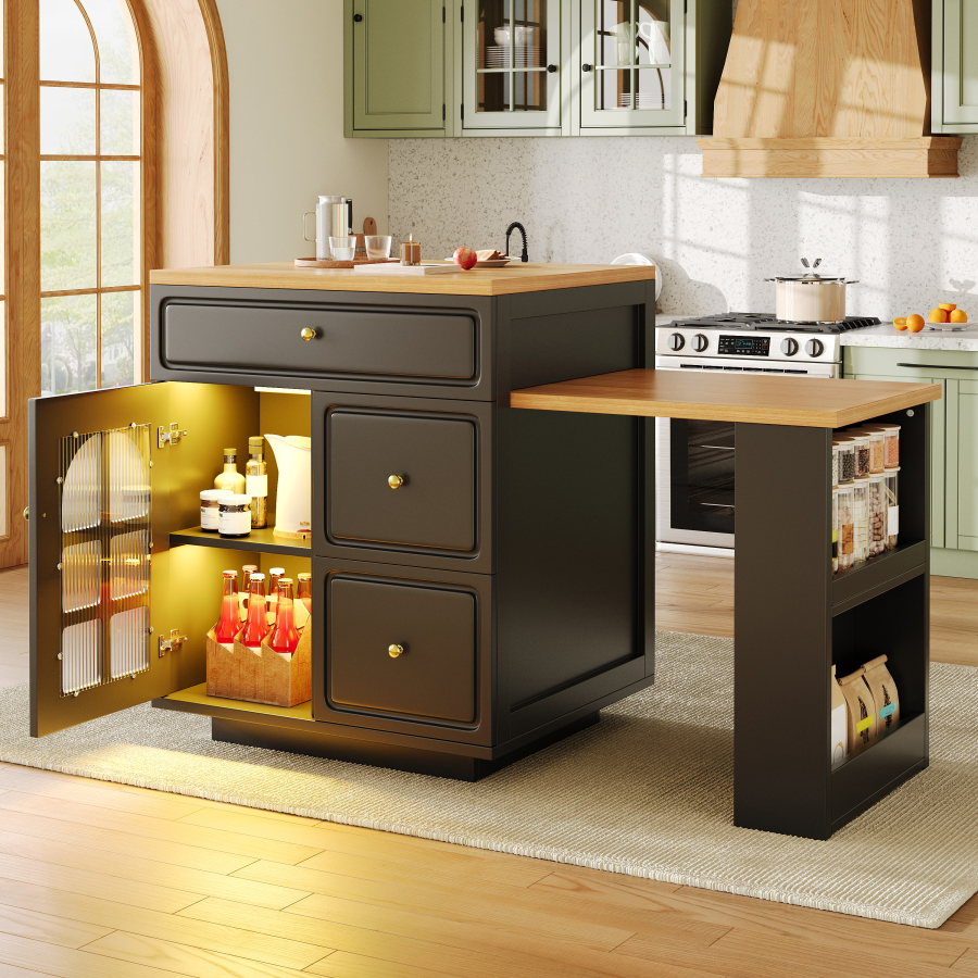 Isla de cocina extensible con 4 cajones LED negro 93,5x122,5-195,5x59cm