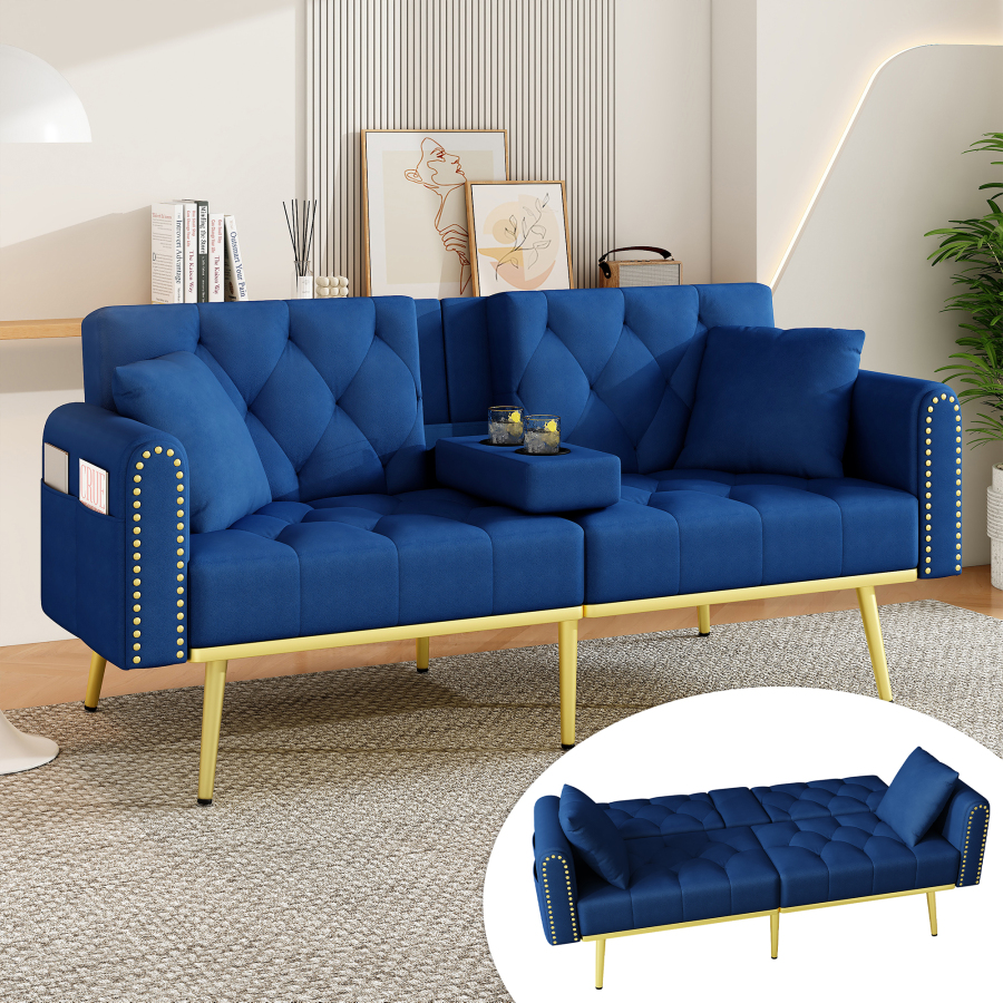 Sofá cama de 2 plazas con respaldo regulable y portavasos azul terciopelo