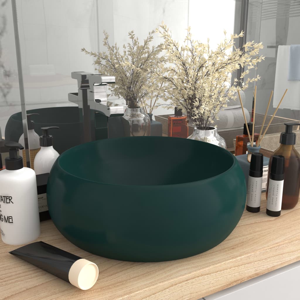 Lavabo de lujo redondo cerámica verde oscuro mate 40x15 cm es4207