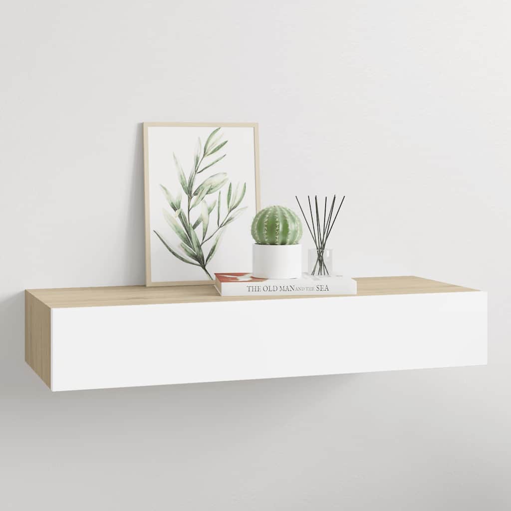 Estante de pared con cajón de mdf (roble y blanco, 60 x 23,5 x 10 cm)