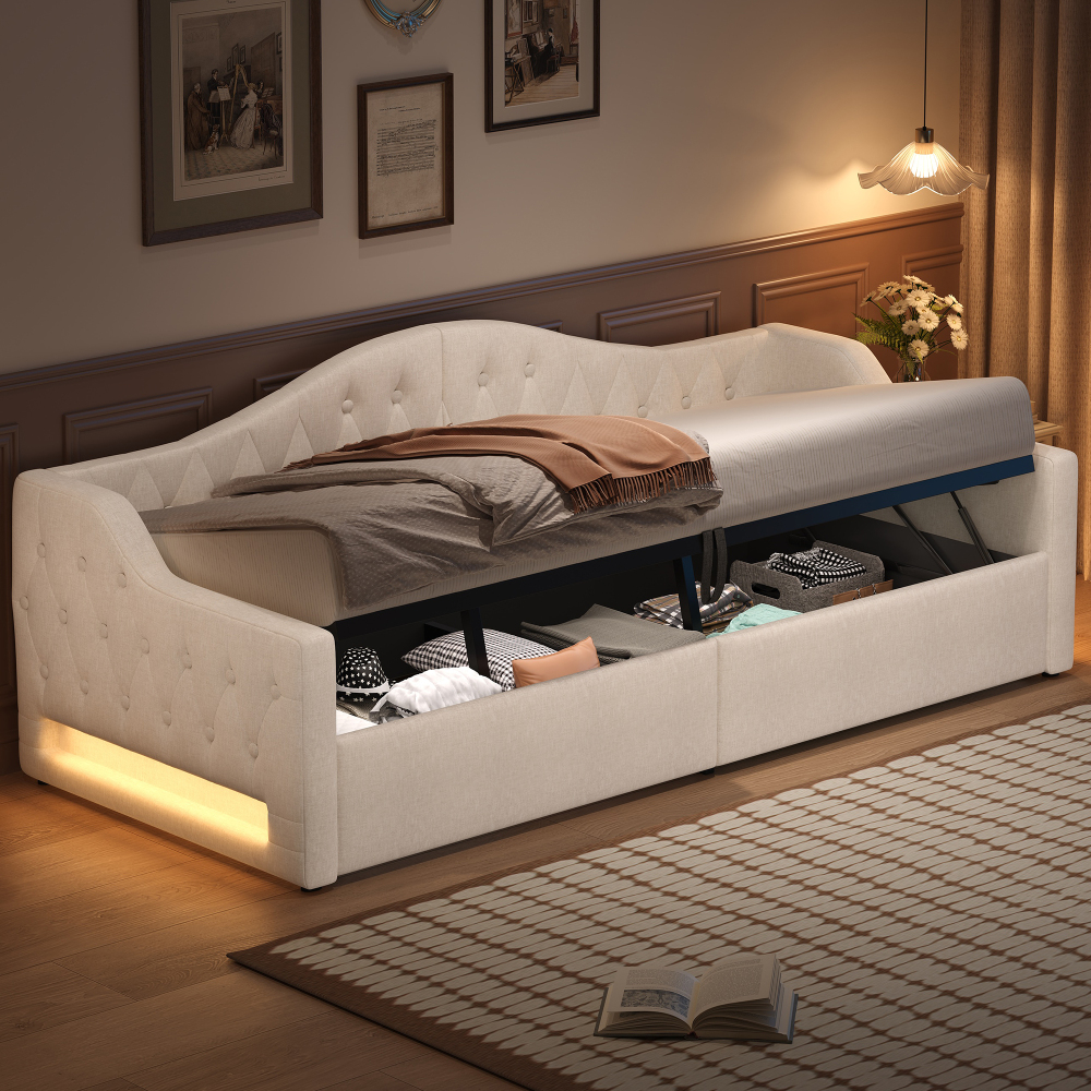 Sofá cama 90x200cm con canapé hidráulico, LED y almacenaje lino y mdf beige