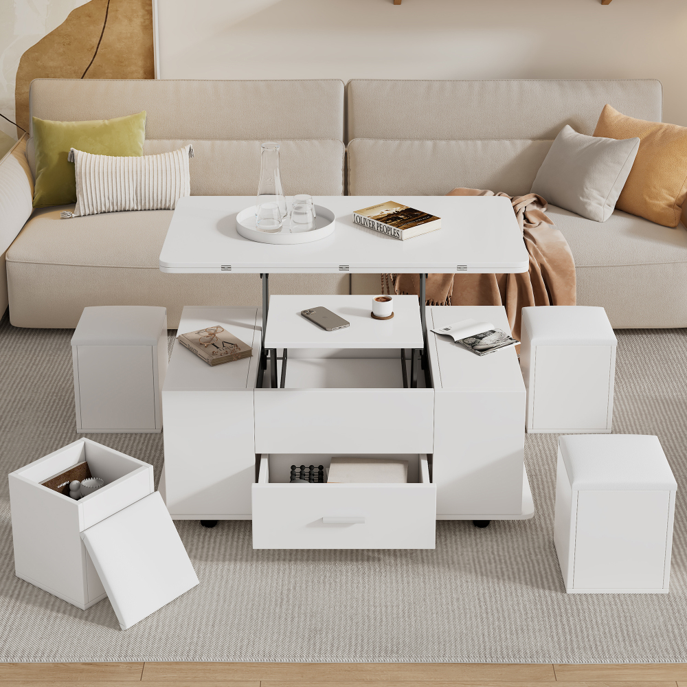 Mesa de centro elevable multifunción con 1 cajón blanco 45x100x50cm