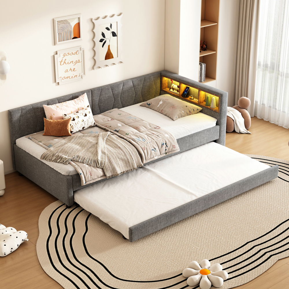 Cama nido 90x200cm con usb, LED y compartimentos lino – gris