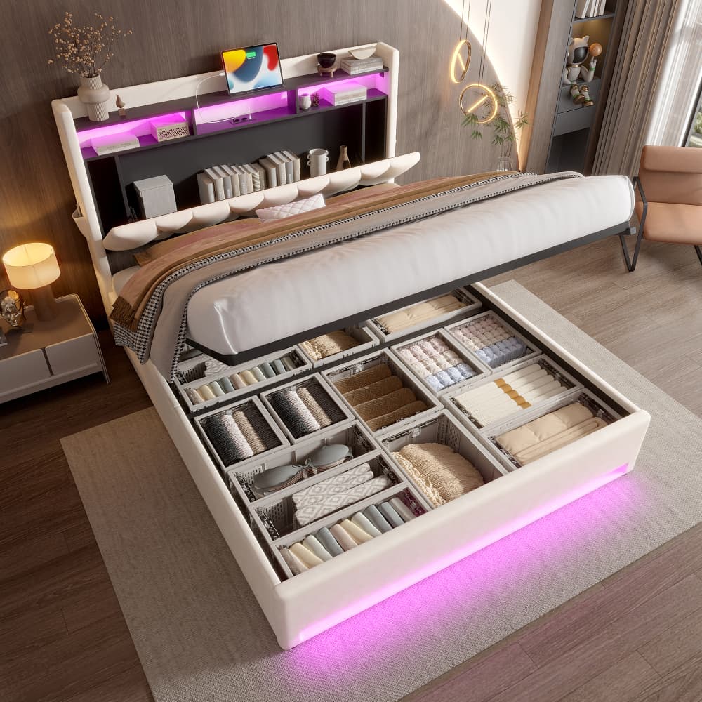 Cama doble 140x200cm con canapé hidráulico,LED y usb terciopelo – beige