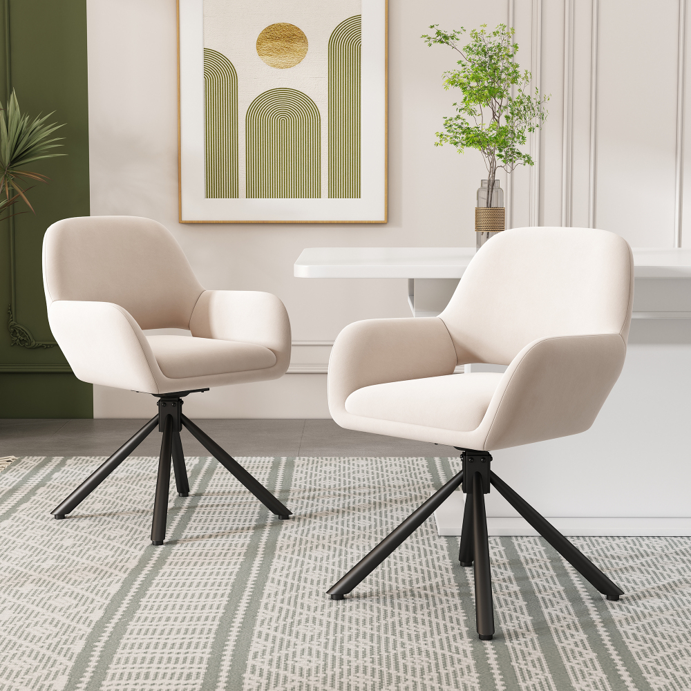 Silla de comedor giratoria de terciopelo beige con reposabrazos set de 2