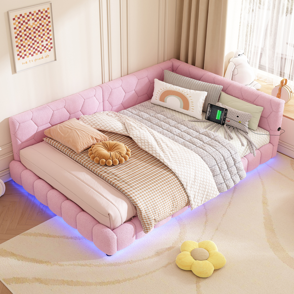 Sofá cama 140x200 cm con LED y carga usb terciopelo – color rosa