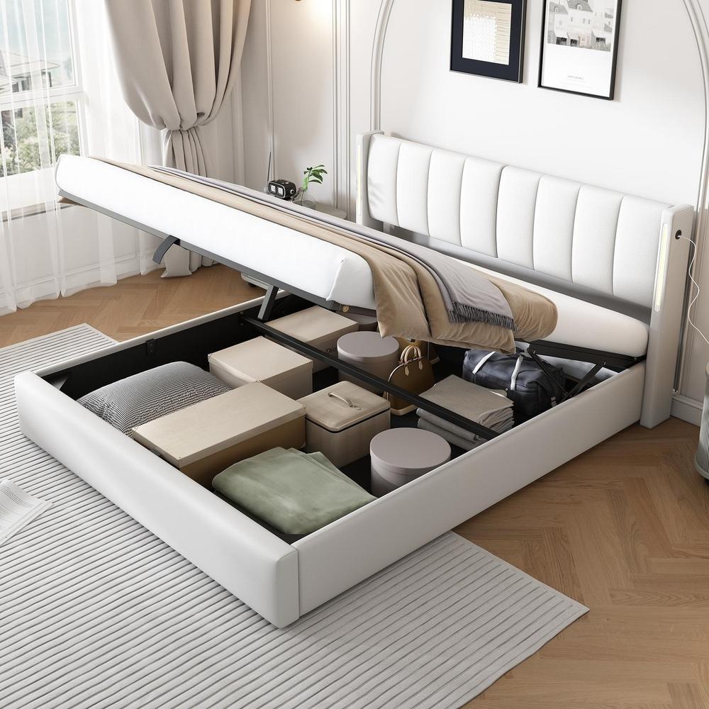Cama 160x200cm con cabecero ajustable LED usb blanco