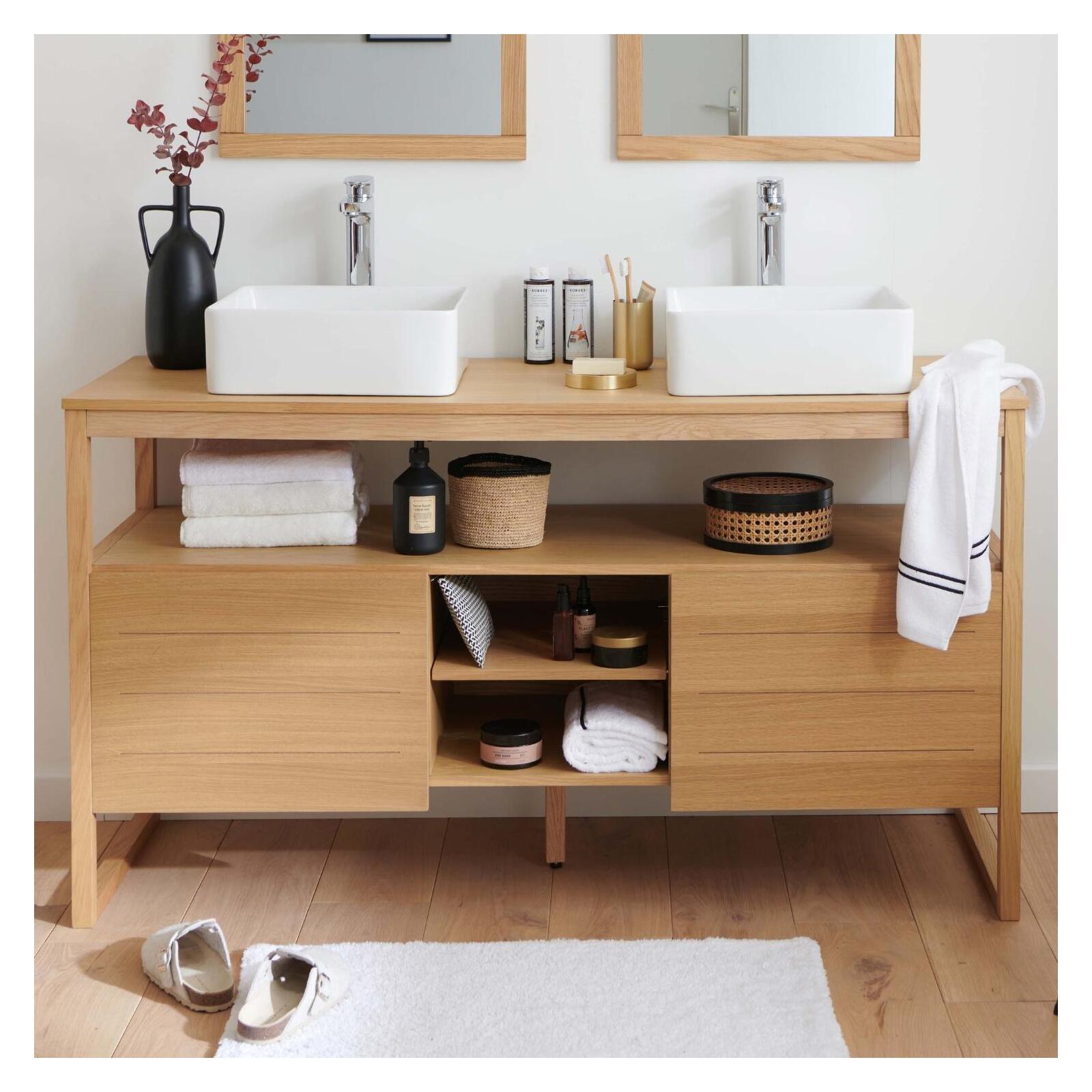 Mueble doble 140cm roble lavabos cuadrados blancos atoll