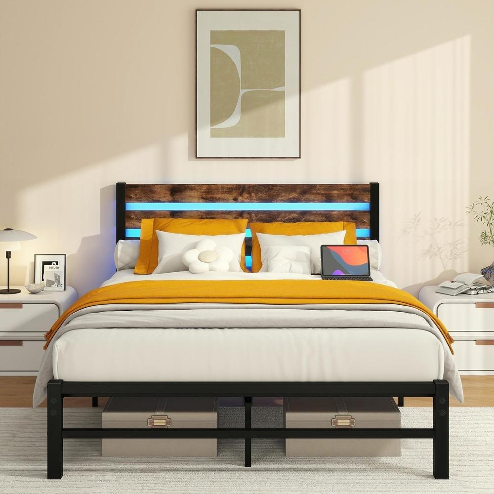 Cama metálica 140x200cm con cabecero LED rgb y almacenaje gris